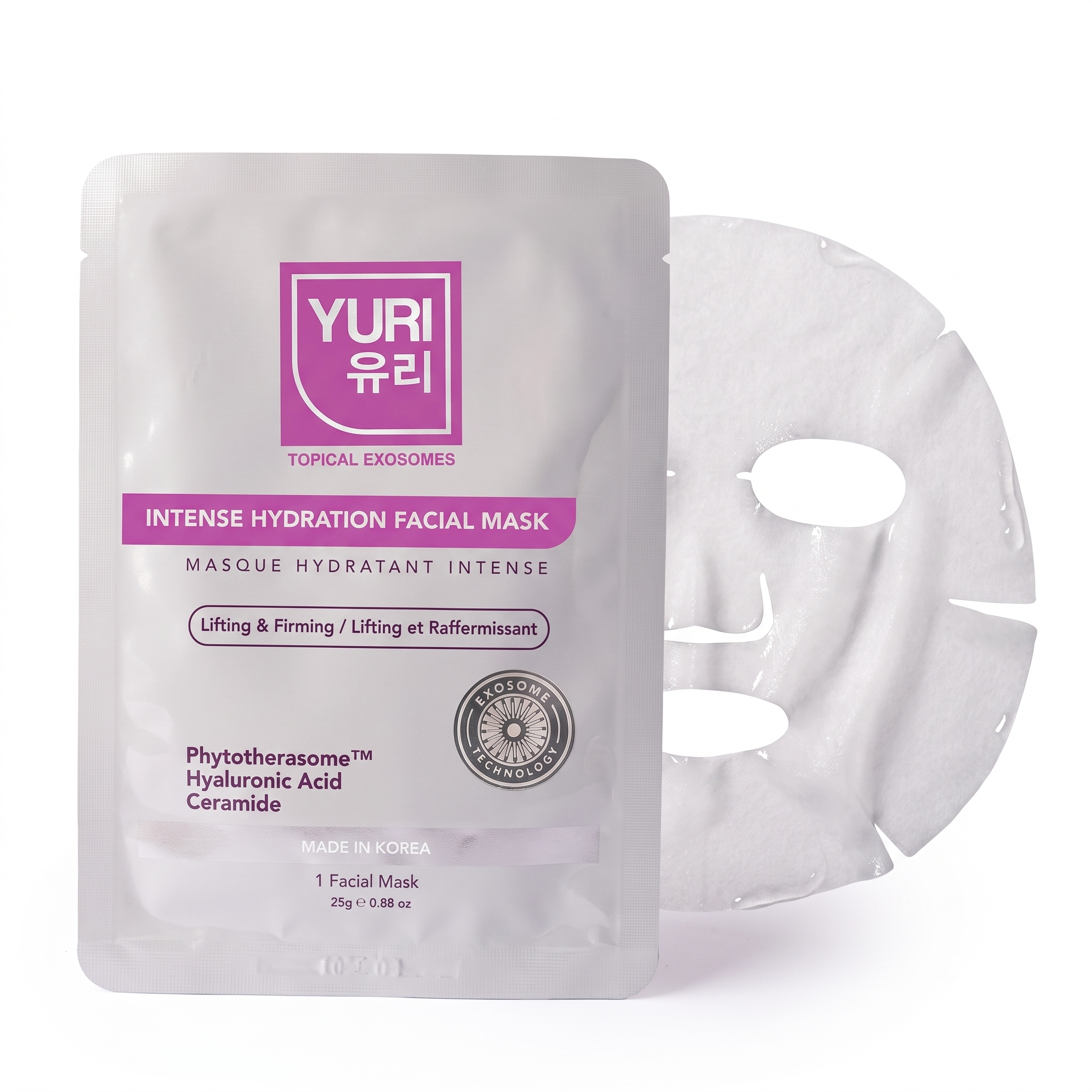 Image of YURI Intense Hydration Facial Mask packaging pouch in silver with a purple logo, shown next to a single translucent sheet mask on a white background.